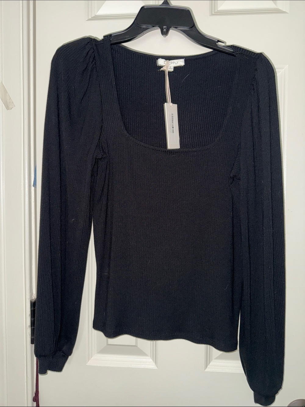 Z Supply Black Ribbed Square-Neck Long Sleeve Top with Puff Shoulders